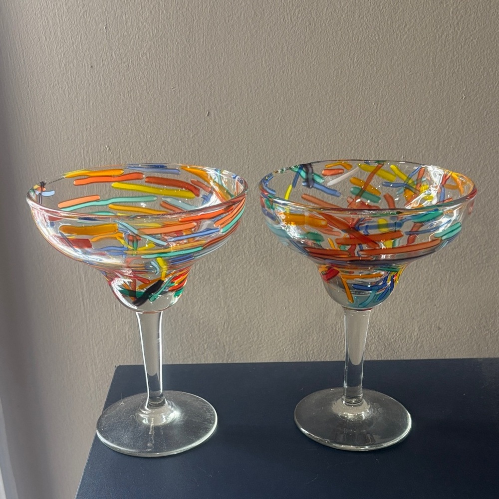 Source Unknown Multicolor Art Glass Margarita Glasses